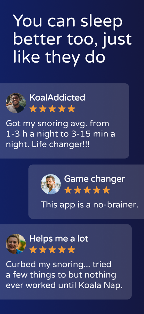 Koala Nap: Stop Snoring Now - User testimonials and five star reviews for the Koala Nap snoring app