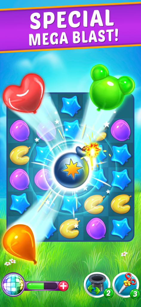 A gameplay screenshot of Balloon Paradise showing a bomb power-up exploding on a puzzle board of colorful balloons.