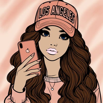realistic beautiful girl wearing los ángeles cap holding an iphone
