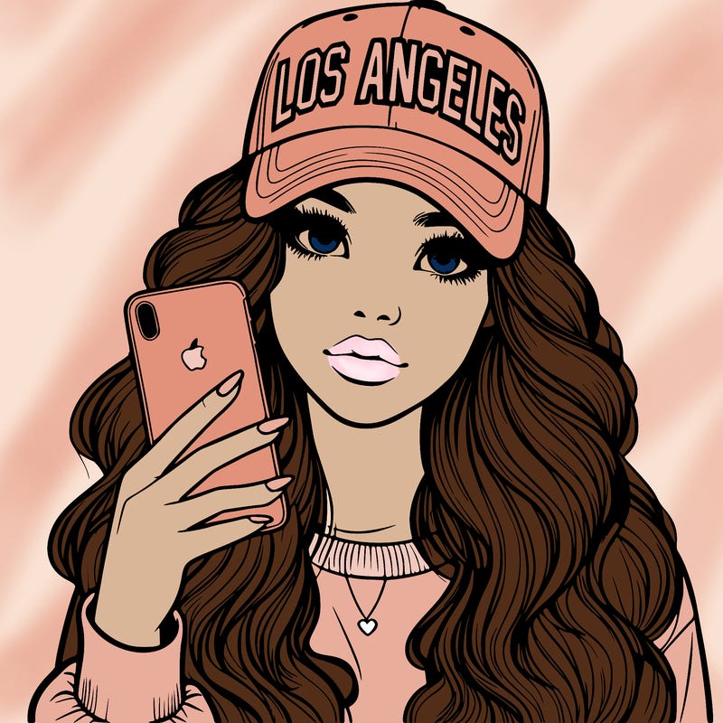 realistic beautiful girl wearing los ángeles cap holding an iphone