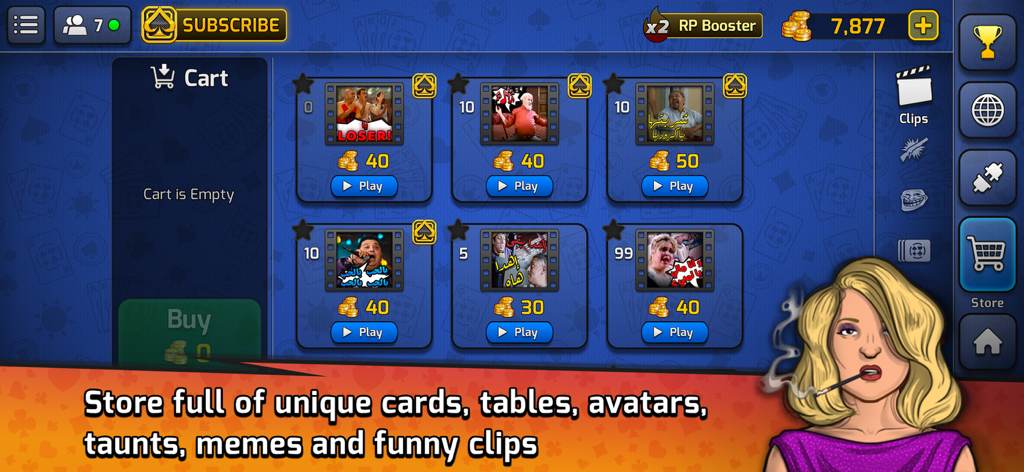 Pocket Estimation in-game store featuring funny clips and memes available for purchase