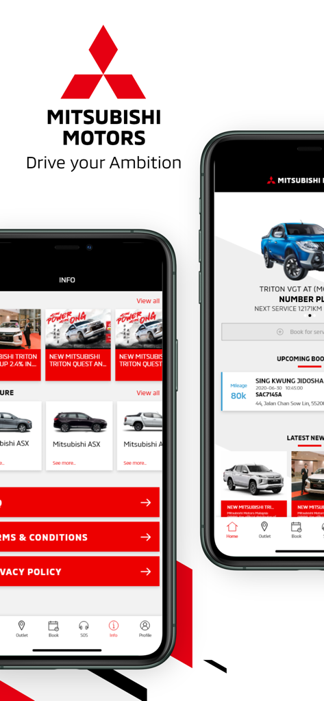 Deux écrans mobiles affichant l'interface de l'application Mitsubishi Connect MY avec la réservation de service du véhicule et des fonctionnalités d'actualités