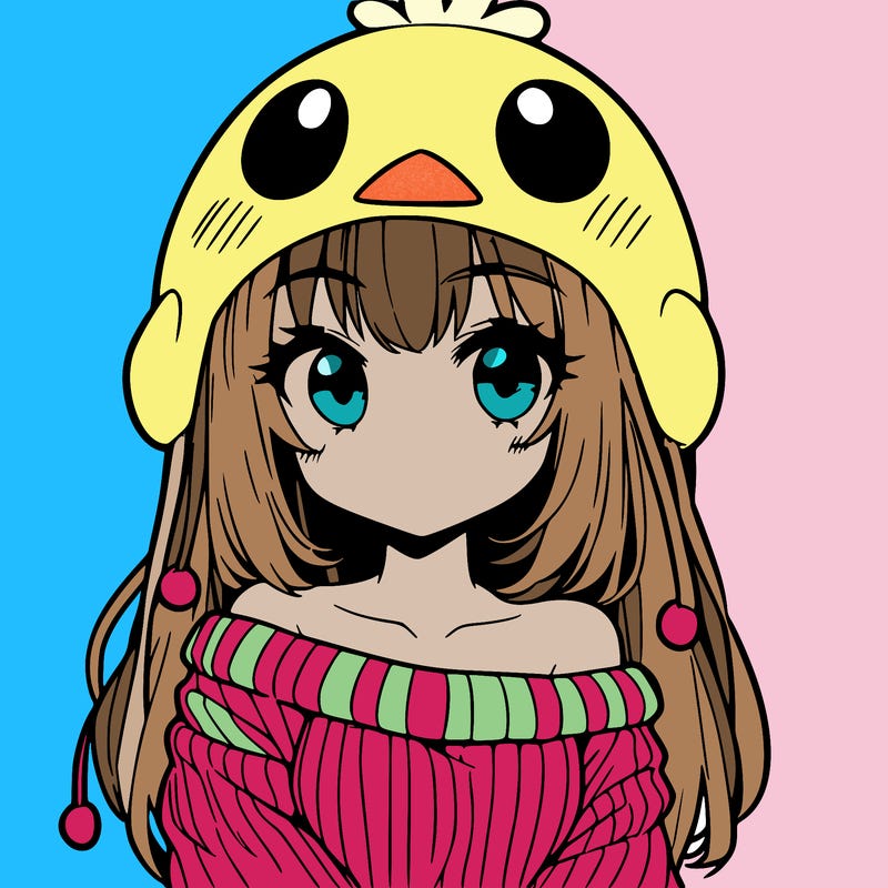 anime girl with chick shaped hat with sweater with bare shoulders with bangs covering them one eye with low tail