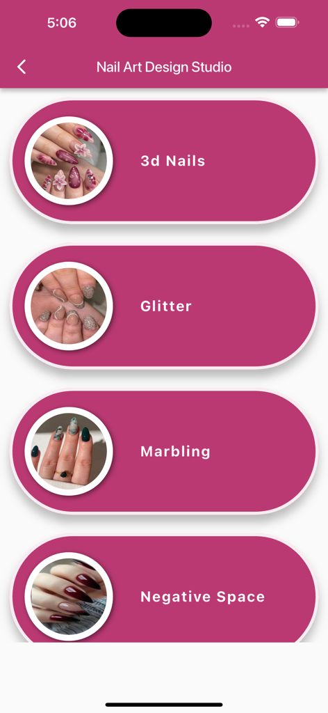 Nail Art Design Studio - Pantalla de la aplicación móvil que muestra varias categorías de arte de uñas, incluyendo uñas 3D, purpurina y mármol.