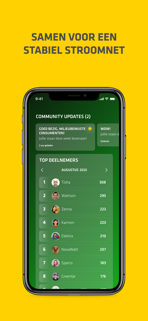 Stedin eKlok - Captura de pantalla de la aplicación Stedin eKlok que muestra la tabla de clasificación de la comunidad y las clasificaciones de los mejores participantes.