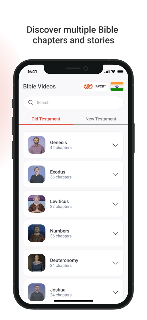 Smartphone screen of the Deaf Bible app showing a list of Old Testament books with sign language video previews.