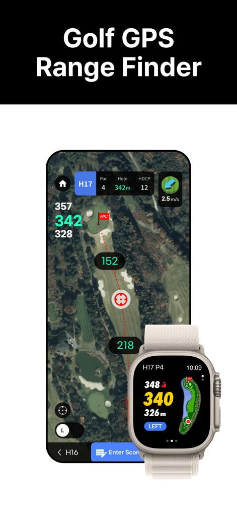VoiceCaddieX App-Oberfläche auf iPhone und Apple Watch, die eine Satellitenansicht eines Golfplatzes und GPS-Entfernungen anzeigt