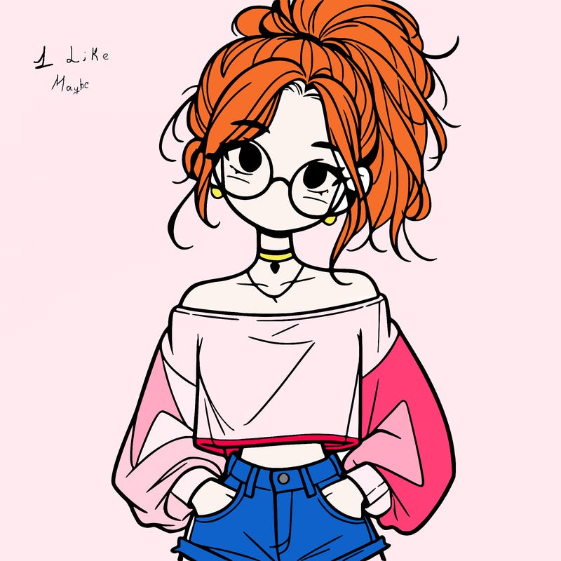 girl with a messy ponytail glasses a baggy crop top and jean shorts