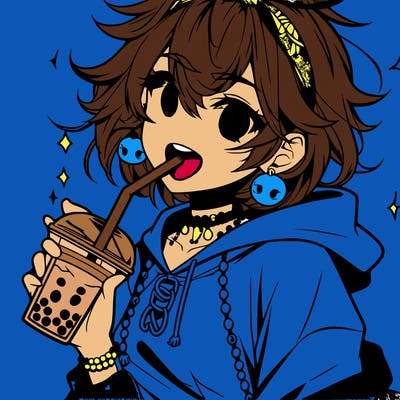 hot baddie anime girl drinking boba and biting the straw