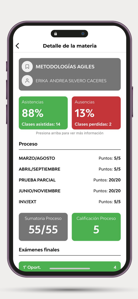 UNAE APP - UNAE app screen showing subject details including attendance percentages and academic grades for Agile Methodologies