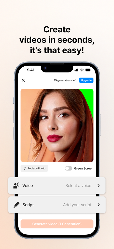 Typecast Lite - AI Voice Maker - Mobile app screen showing the AI video generation interface with options for photo selection, voice choice, and script input.