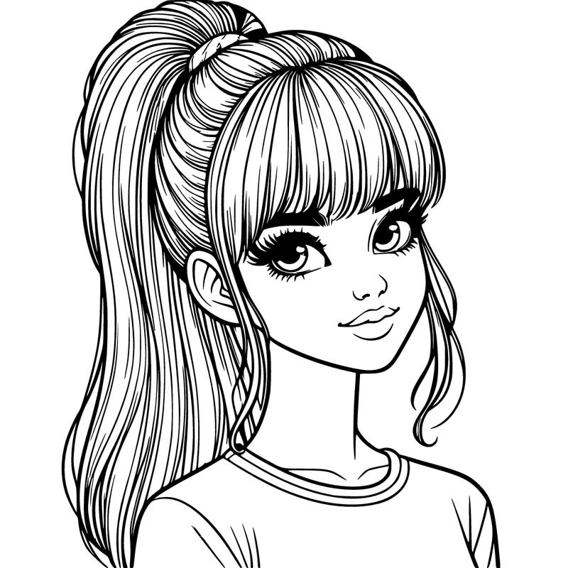 realistic girl with high ponytail and bangs