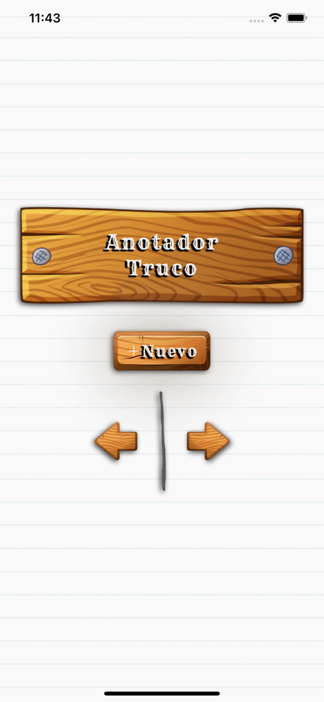 Anotador: Truco - Pantalla principal de la app Anotador Truco mostrando un título con letrero de madera y un botón de nueva partida sobre un fondo de papel rayado