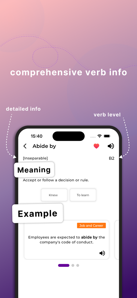 English Phrasal Verbs & Dict. - 영어 구동사의 상세 보기로, 의미, 예문 및 문법 범주가 표시됩니다.