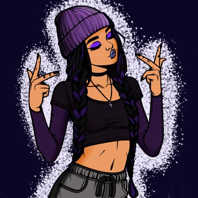 realistic teenage girl with braids and a beanie and crop top doing 🫶🏼