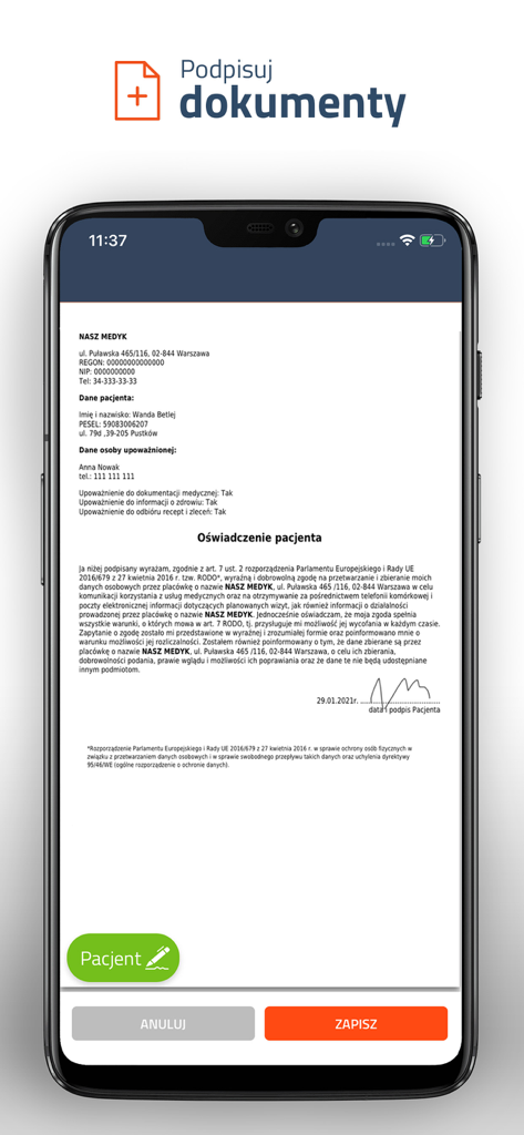 Medical document with a digital signature on a smartphone screen