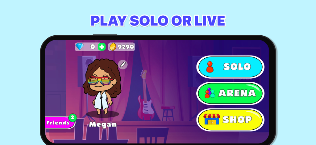 Menú principal de Trivia Chat mostrando modos de juego en solitario y arena con un avatar de personaje personalizado