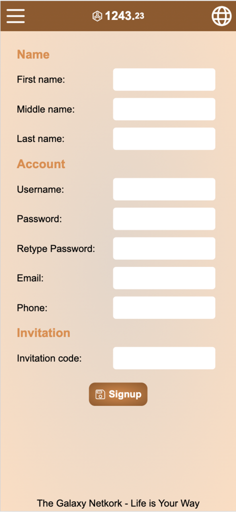 TCC - Signup screen for the TCC digital currency app showing name and account registration fields