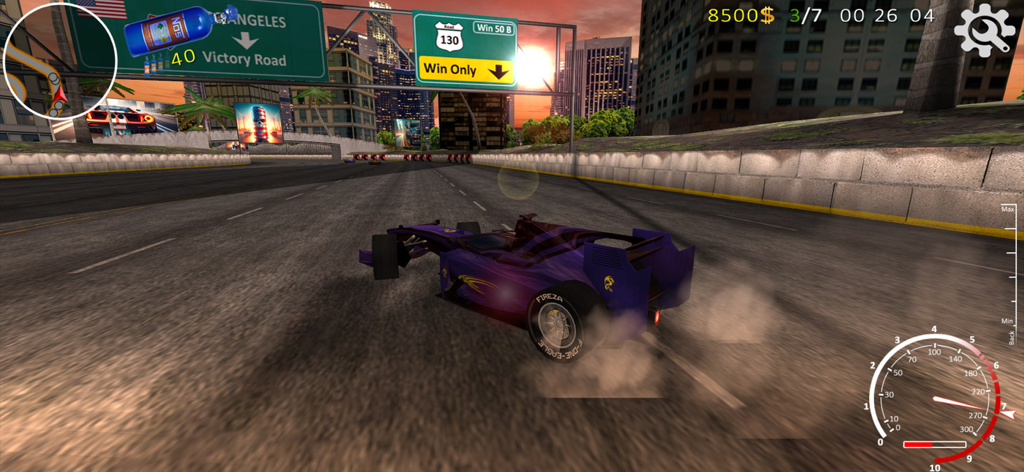 XTrem Racing - A purple monoplace car drifting on an urban racing circuit in XTrem Racing.