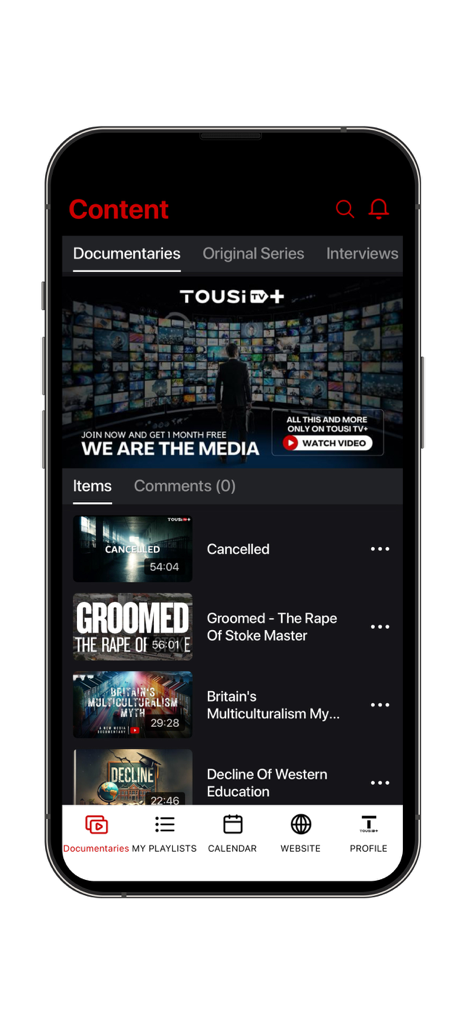Tousi TV+ - 아이폰에서 독립 뉴스 다큐멘터리 목록을 보여주는 Tousi TV plus 모바일 앱 인터페이스
