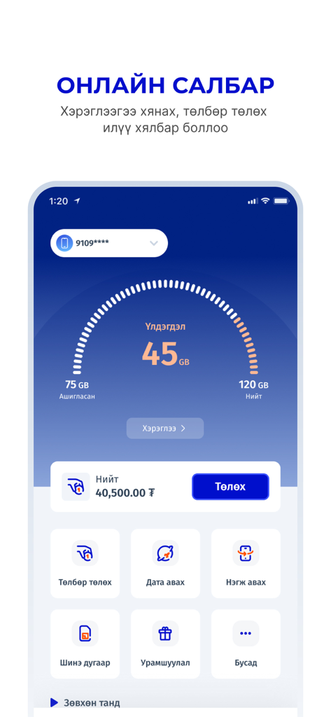SKYtel - SKYtel mobile app dashboard showing data balance and billing information in Mongolian