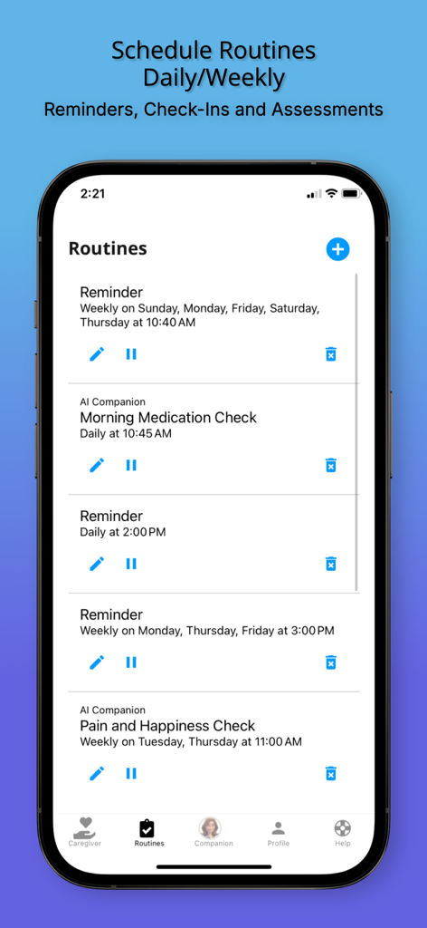 ONSCREEN Family - Senior Care - The ONSCREEN app interface for scheduling daily and weekly senior care routines such as medication reminders and wellness check-ins.