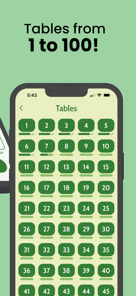 Maths Tables 1 to 100 and Quiz - Interface of the Maths Tables app showing a grid for selecting tables from 1 to 100