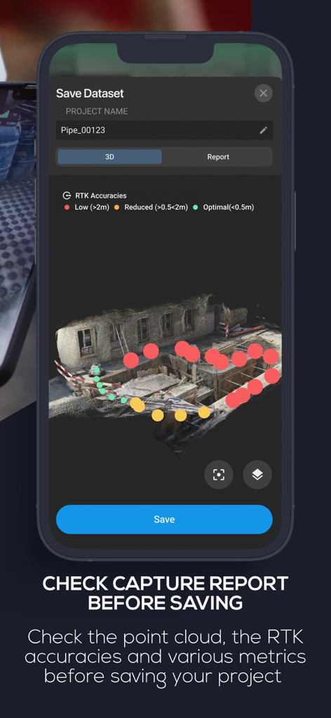 PIX4Dcatch: 3D scanner - PIX4Dcatch app interface showing a 3D scan capture report with RTK accuracy indicators on a construction site model