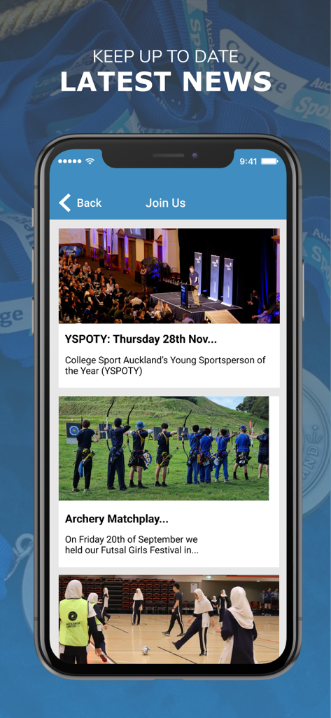 Latest news feed on the College Sport Auckland app featuring sports events like YSPOTY and Archery Matchplay