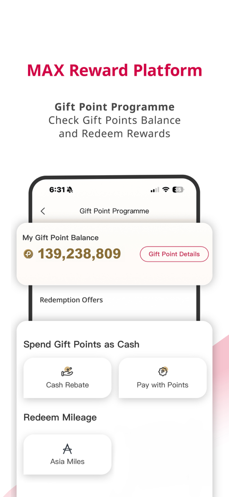 BoC Pay+ - Interfaz de la aplicación BoC Pay plus que muestra el saldo de puntos de regalo y las opciones para canjear recompensas por reembolsos en efectivo o Asia Miles