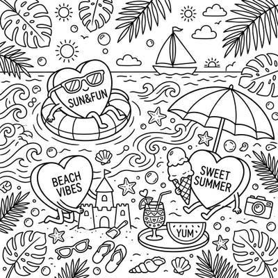 Get ready for a heartwarming summer with this delightful coloring page featuring cute candy hearts enjoying a vibrant beach vacation. This fun-filled scene is packed with sun, sand, and sweet treats, perfect for coloring enthusiasts of all ages.