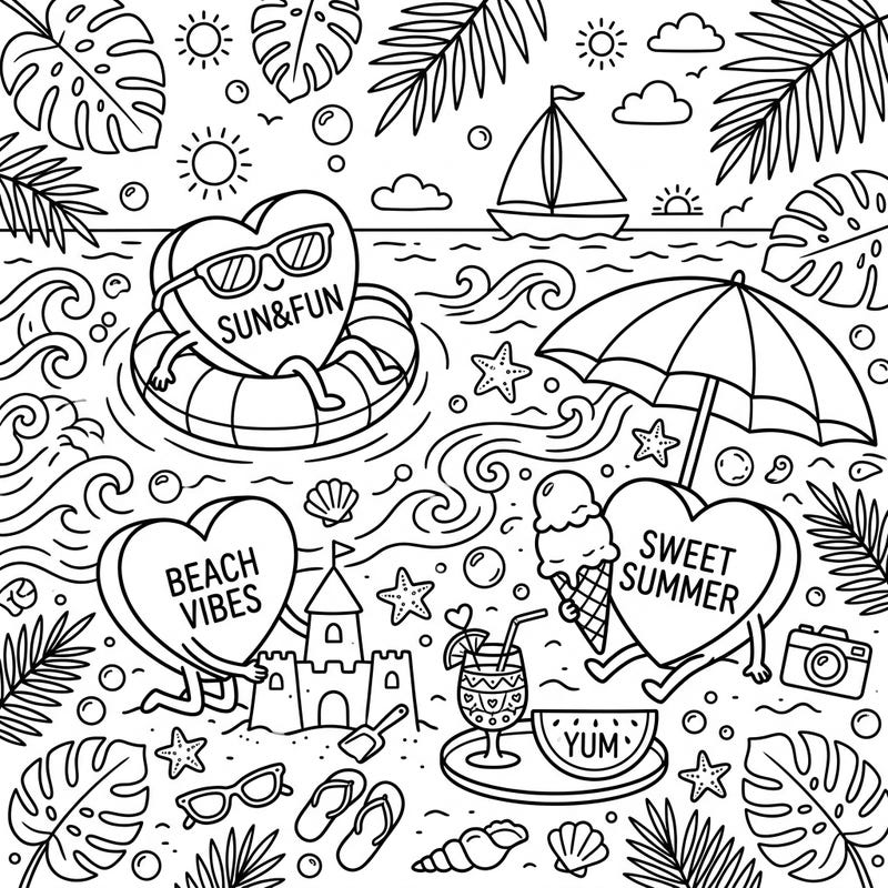 Get ready for a heartwarming summer with this delightful coloring page featuring cute candy hearts enjoying a vibrant beach vacation. This fun-filled scene is packed with sun, sand, and sweet treats, perfect for coloring enthusiasts of all ages.