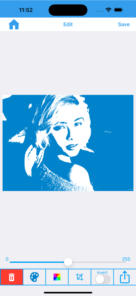 Fx Stencil - The Fx Stencil app editing screen showing a blue and white high contrast stencil of a woman's face.