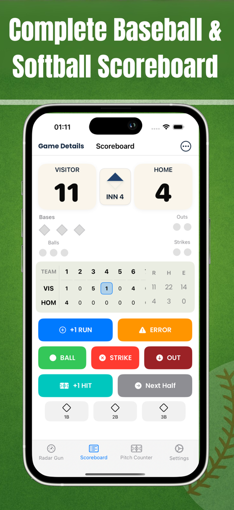 Pitch Counter - Radar Gun FYNX - Interface of the Pitch Counter app showing a baseball and softball scoreboard with game scores and action buttons