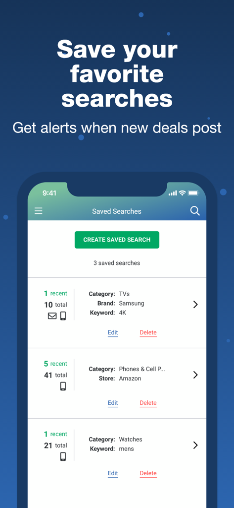 DealNews app interface showing the Saved Searches feature with deal alerts for specific categories and brands