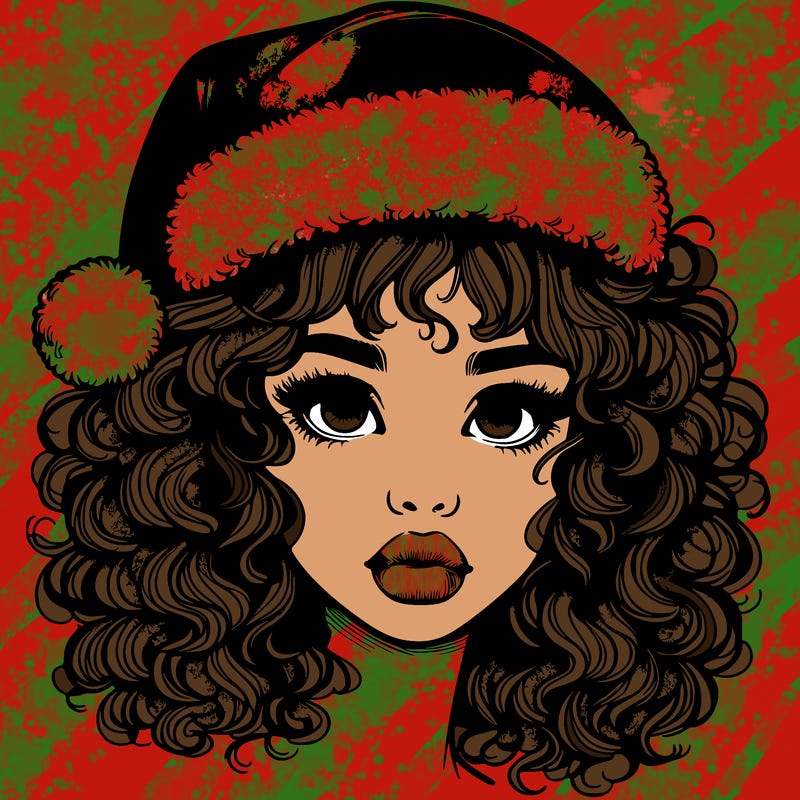 realistic girl with a santa hat curly hair and lips
