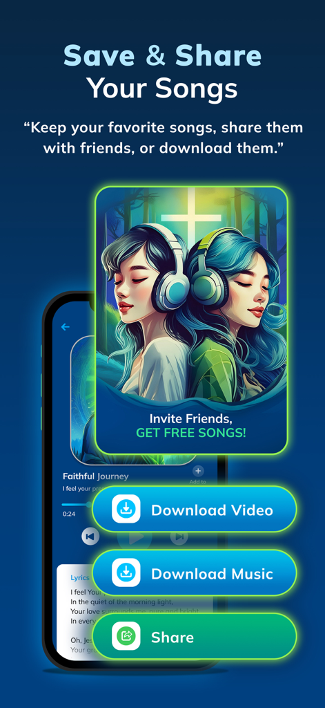 Christian Song Maker: AI Music - Screenshot showing the save, share, and download features of the Christian Song Maker app.