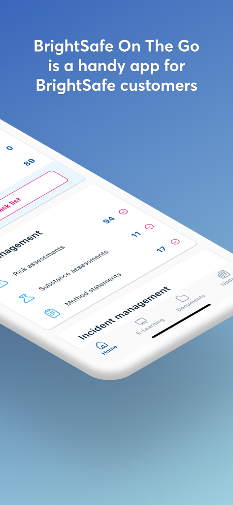BrightSafe On The Go mobile app dashboard displaying incident management and risk assessment features.