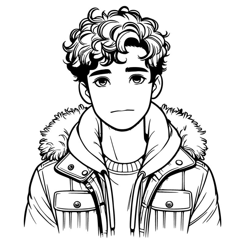 realistic, looking boy with curly hair and a jacket.