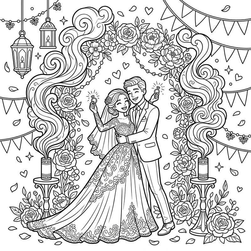 Immerse yourself in the joy of a wedding celebration with this enchanting coloring page. Featuring a happy couple surrounded by elegant floral arches and whimsical smoke bombs, it's a perfect blend of romance and festive fun.