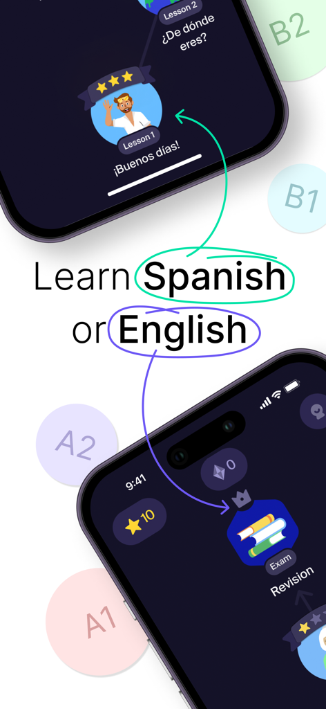 LANG: Learn New Languages - Interface de l'application mobile LANG montrant les parcours d'apprentissage de l'espagnol et de l'anglais avec des leçons interactives et des niveaux de progression.