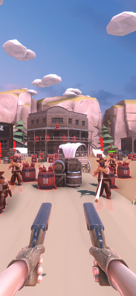 DeadEye Gunslinger : Wild West - A first-person view of a player dual-wielding shotguns against bandits in a Wild West setting.