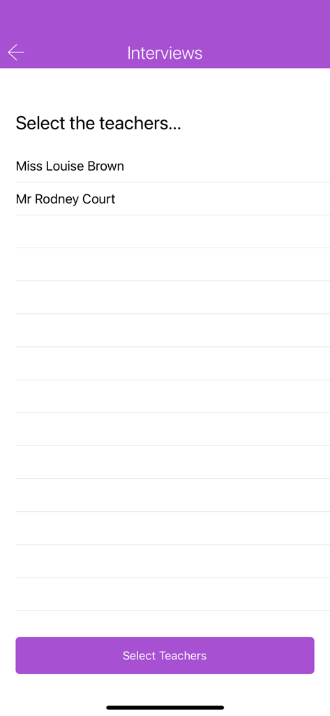 Interfaccia dell'app Skool Loop per la selezione degli insegnanti per i colloqui scolastici