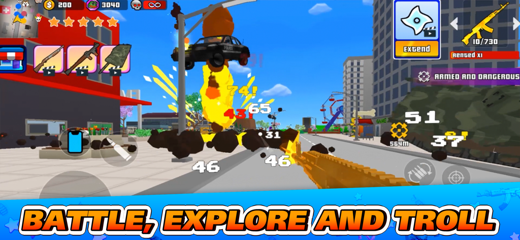 Gangs Wars City: Pixel Shooter - First person view of a pixel shooter game featuring a golden gun and an explosion in a blocky city environment