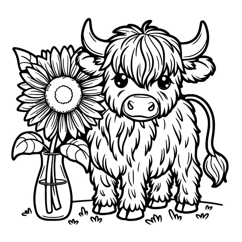 a highland cow with sunflower
