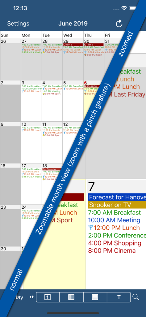 CalenGoo Calendar - Screenshot of the CalenGoo Calendar app showcasing its zoomable month view feature with color-coded event details
