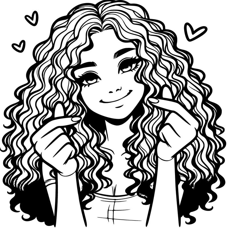 realistic girl with curly hair smiling and doing heart fingers