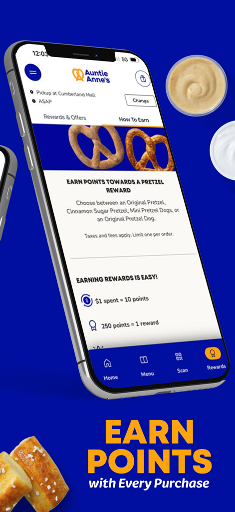 Smartphone screen showing the Auntie Anne's Rewards app points and loyalty program details