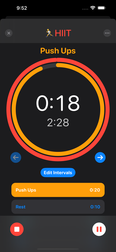Just Timers - Interfaccia dell'app Just Timers che mostra un intervallo di allenamento HIIT per flessioni con un timer a conto alla rovescia circolare in modalità scura