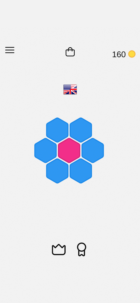 Speeling Bee - Main gameplay screen of the Speeling Bee word game featuring a minimalist honeycomb grid and user interface icons.